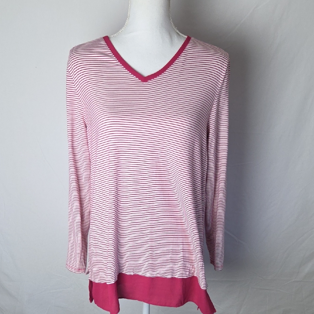 Chico's Tunic Top Raspberry Stripped V Neck Shirt Tail Medium